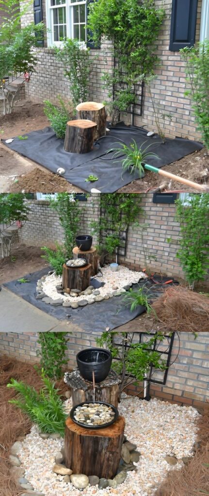 2. Bauen Sie einen DIY-Holzbrunnen in eine Ecke des Hinterhofs und dekorieren Sie ihn mit Steinen: